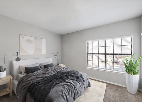 Lewisville, TX, Pet-Friendly Apartments - Bridges at Oakbend - Bright Bedroom With Upholstered Bed, Gray Bedding, Nightstand, Large Window With Blinds, Neutral Carpeting, And A Potted Plant.