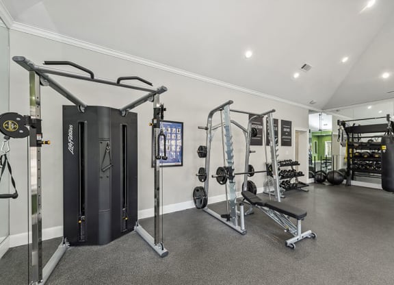 Community Fitness Center with Equipment at Bridges at Oakbend Apartments in Lewisville, TX.