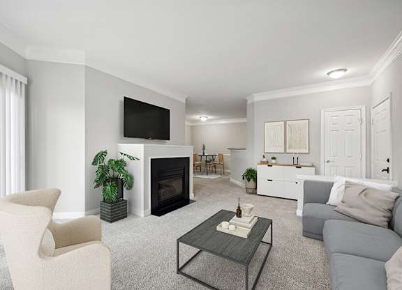 Model Living Room with Carpet, Fireplace and Patio Accessibility at Dulles Green Apartments located in Herndon, VA.