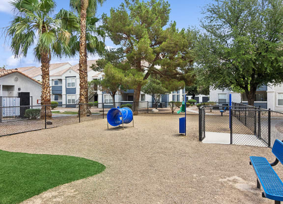 Community Dog Park with Agility Equipment at Monterra Apartments located in Las Vegas, NV.