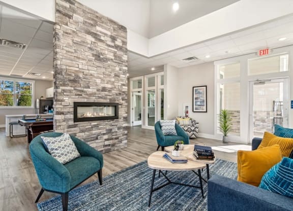 Community lounge space with fireplace