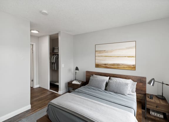 a bedroom with a bed and a closet