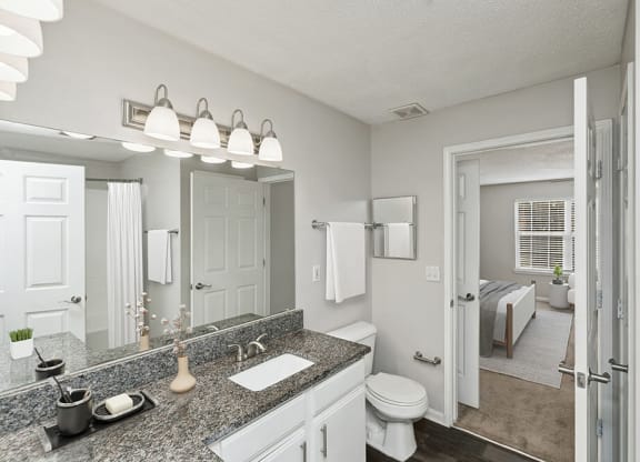 Model Bathroom with White Cabinets and Wood-Style Flooring at Shadow Ridge Apartments in Riverdale, GA.