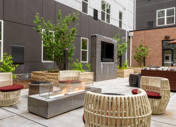 Outdoor patio lounge with firepit