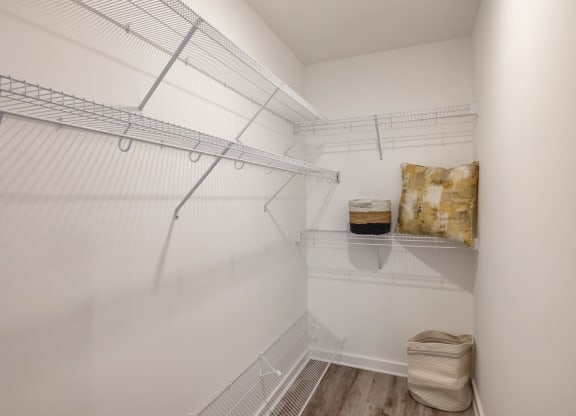 Model walk-in closet with white walls