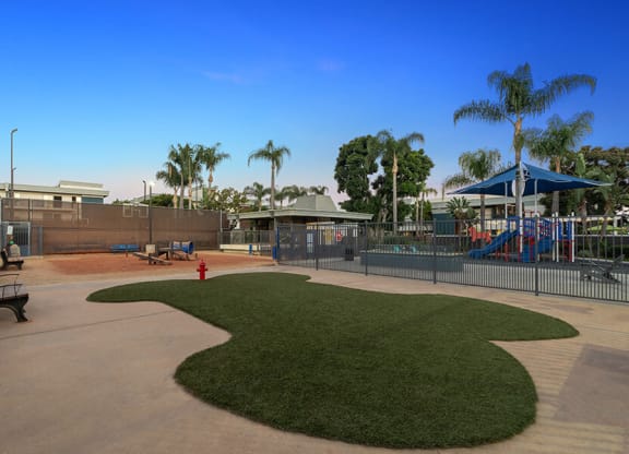 Community Dog Park with Agility Equipment at Madison Park Apartments located in Anaheim, CA.