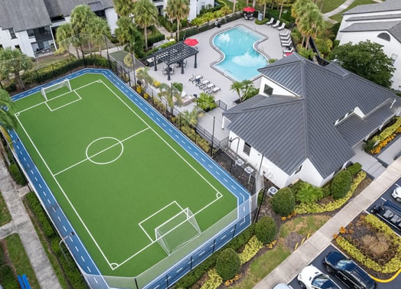 Aerial View of Community Soccer Field with Nets at Rosehill Preserve Apartments in Orlando, FL.