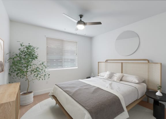 Mode bedroom with large window and variable speed ceiling fan