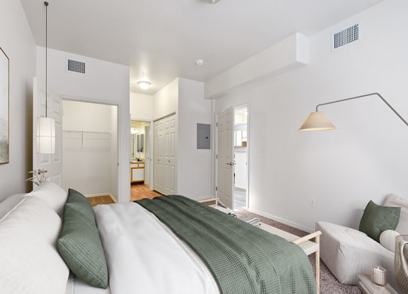 Model Bedroom with Carpet and Hallway View at Altitude on Fifth Apartments in Salt Lake City, UT.