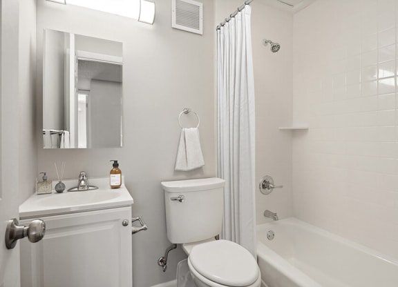 Model Bathroom with Bathtub/Shower, Wood-Style Flooring & White Cabinets at Elevate on Parkway, Burnsville, MN, 55337