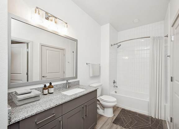Model Bathroom with Gray Cabinets, Wood-Style Flooring and Shower/Tub at Alta 3Eighty Apartments located in Aubrey, TX.