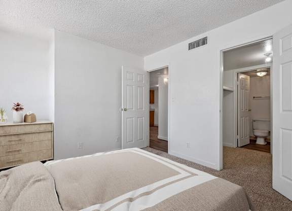 Model Bedroom with Carpet and attached Bathroom at District at Fiesta Park Apartments located in Mesa, AZ.