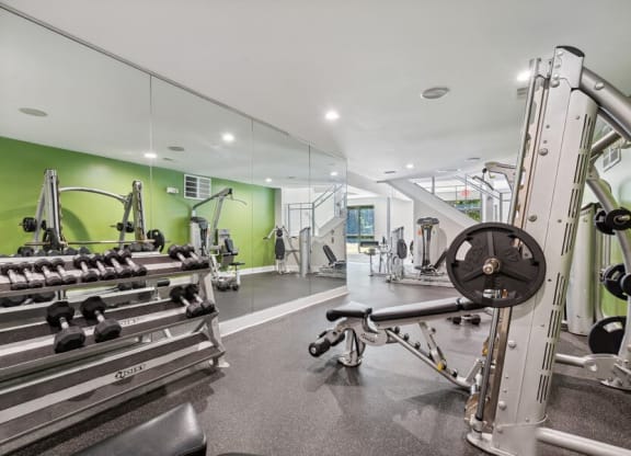 Community Fitness Center with Equipment at Dunwoody Village Apartments in Atlanta, GA.