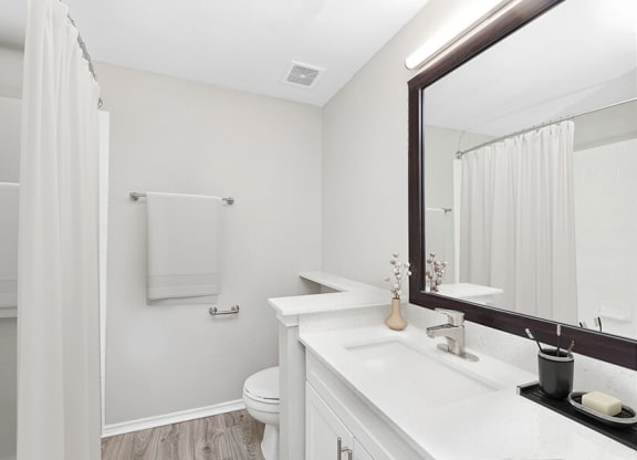 Model Bathroom with Wood-Style Flooring, White Cabinets & Shower/Tub at Allure North Dallas Apartments located in Dallas, TX.