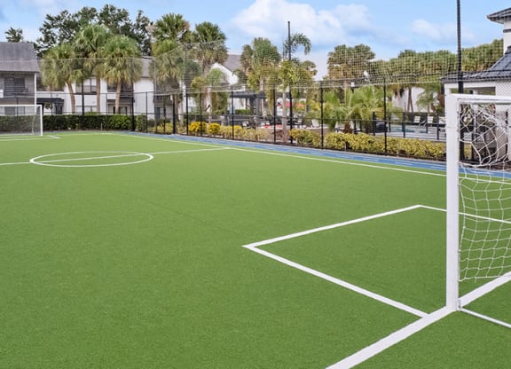 Community Soccer Field with Nets at Rosehill Preserve Apartments in Orlando, FL.