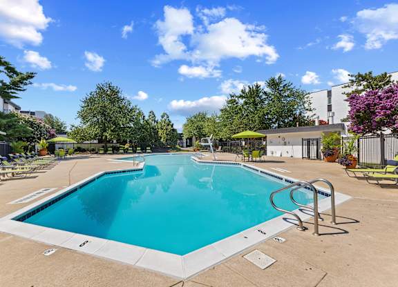 A large outdoor swimming pool surrounded by trees and lounge chairs.