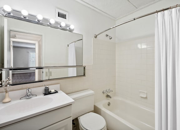 Model Master Bathroom with White Cabinets and Wood-Style Flooring at Elevate on Parkway, Burnsville, Minnesota, 55337