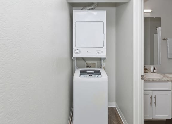 Model Unit Stackable Washer and Dryer Hook Up at The Meritage Apartments in Vallejo, CA.
