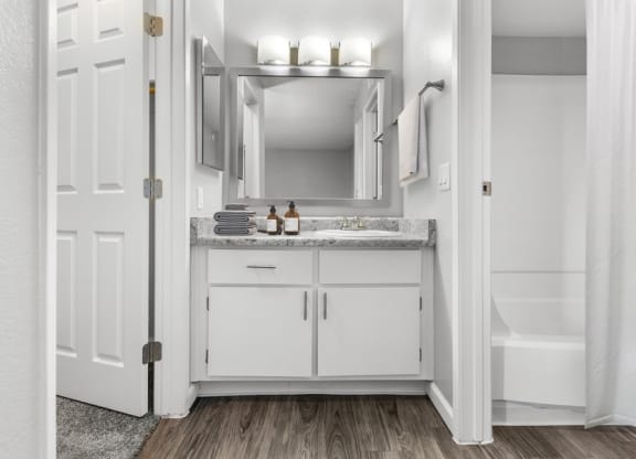 Model bathroom with white vanity
