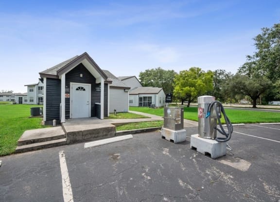 Car cleaning area with vacuums