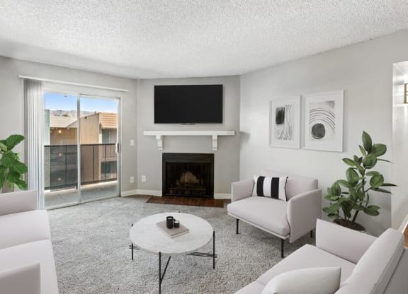 Model living room with fireplace
