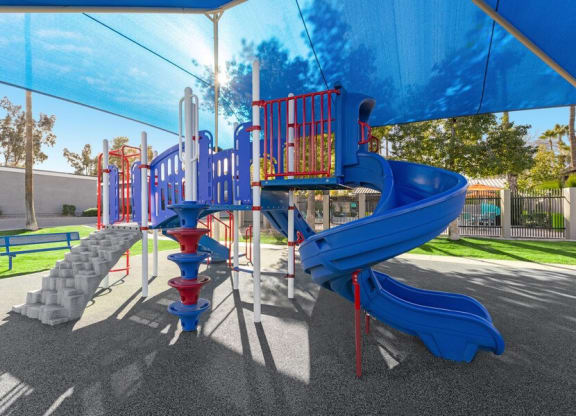 Community Playground with slide, rock wall climb, and blue canopy at Lakeside Casitas in Tucson, AZ.