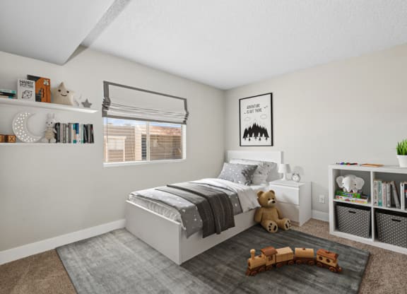 Model apartment bedroom at Villages at Metro Center, Phoenix