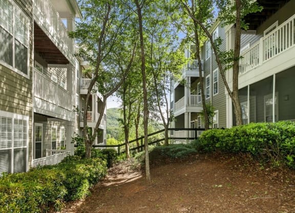 Exterior walkway between buildings with beautiful landscape