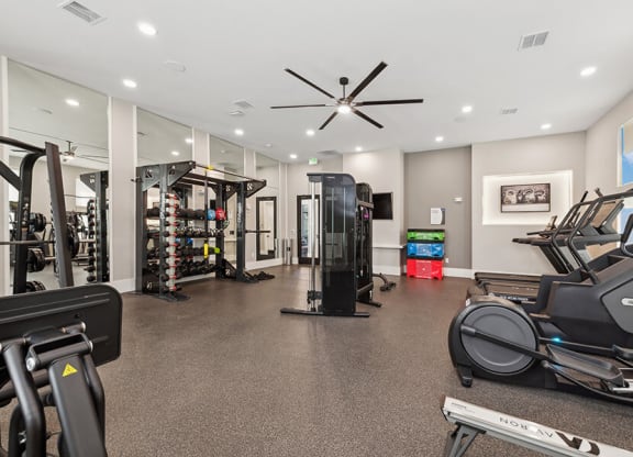 Community Fitness Center with Equipment at Alta 3Eighty Apartments located in Aubrey, TX.