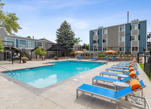 Poolside lounge chairs and cabanas