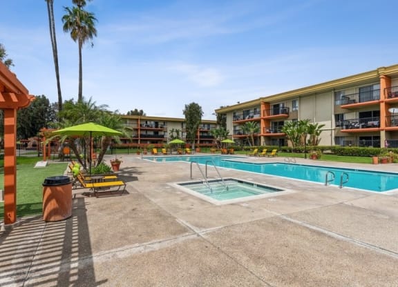 Poolside lounge chairs and cabanas
