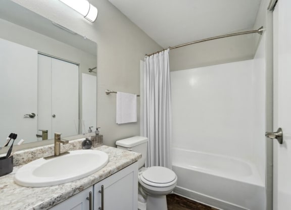Model bathroom with white vanity