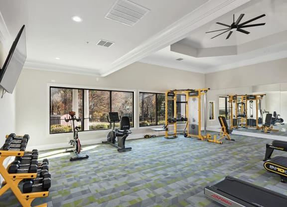 Community Fitness Center with Equipment at Shadow Ridge Apartments in Riverdale, GA.