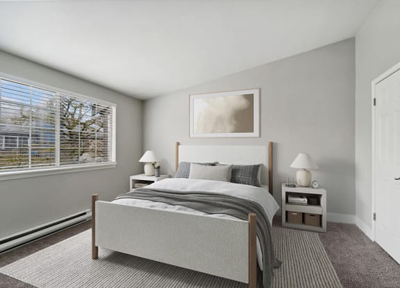 Model Bedroom with Carpet and Window View at Central Flats Apartments in Kent, WA.
