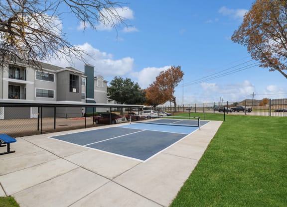 Community Sports Court with Nets at Bridges at Oakbend Apartments in Lewisville, TX.