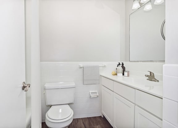 Model bathroom with a toilet, sink, and mirror  at Stone Ends apartments in Stoughton, MA