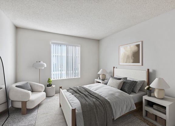 Model Bedroom with Carpet and Window View at Bridges on Sunset Apartments in Suisun City, CA.