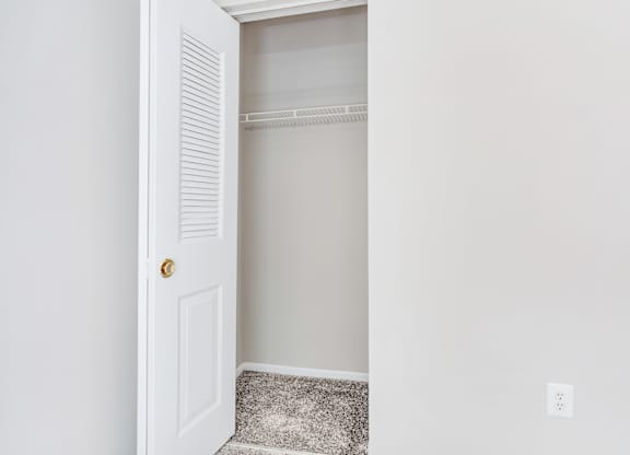 A white door with a gold handle is open to a white interior.