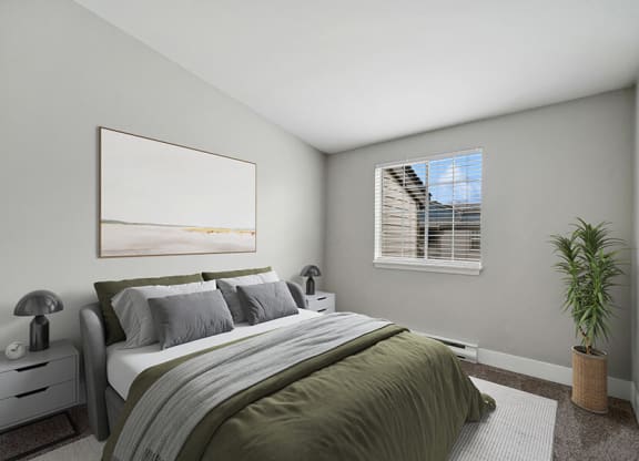 Model Bedroom with Carpet and Window View at Central Flats Apartments in Kent, WA.