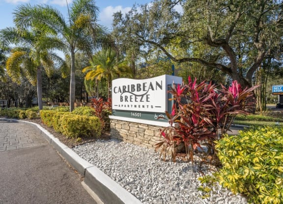 Monument Sign and Landscaping at Caribbean Breeze Apartments in Tampa, FL.