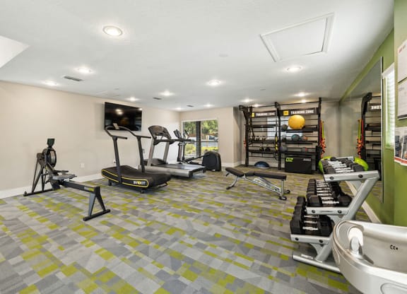 Fitness cetner with exercise equipment and a television