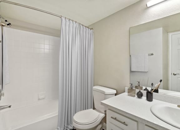 Model bathroom with white vanity
