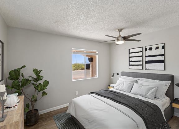 Model Bedroom with Carpet and Window View at Hilands Apartments in Tucson, AZ.