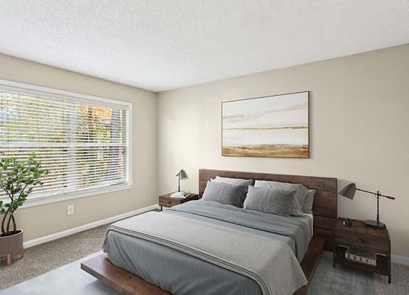 Model Bedroom with Carpet and Window View at Element 41 Apartments located in Marietta, GA.