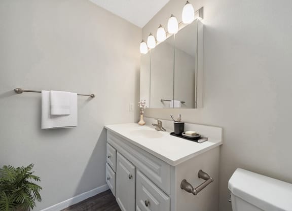 Model Bathroom with White Cabinets and Wood-Style Flooring at The Commons at Haynes Farm Apartments in Boston, MA.