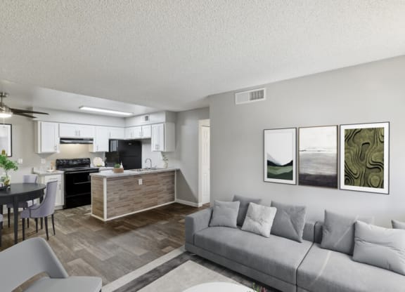 Model apartment living room and kitchen