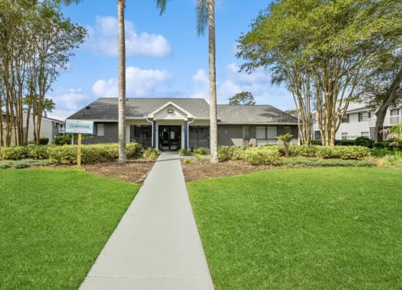 Leasing office exterior with walking path