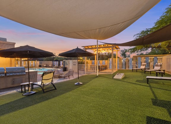 Outdoor Corn Hole Area at Ridgeline Apartments in Tucson, AZ.