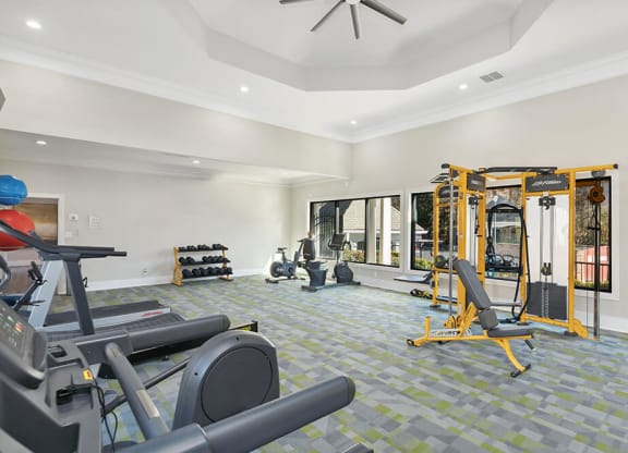 Community Fitness Center with Equipment at Shadow Ridge Apartments in Riverdale, GA.