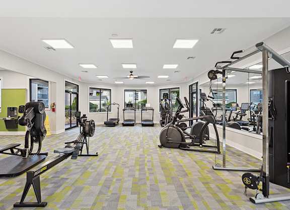 Community Fitness Center with Equipment at Element 41 Apartments located in Marietta, GA.